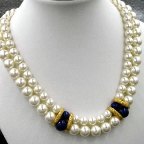 Vintage Napier Faux Pearl and Lapis Glass Necklace - Picture 2 of 6